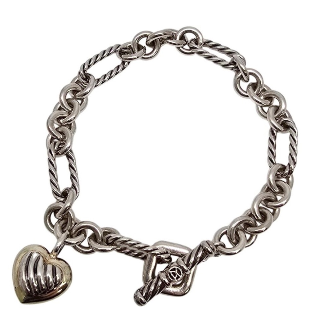 David Yurman Sterling Silver 18k Gold Cable Heart Charm Toggle Bracelet